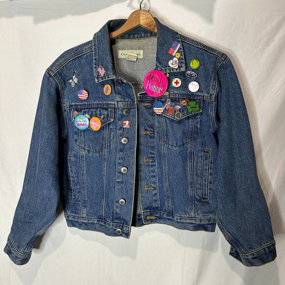 Greatland Denim Jean‎ Jacket Button Pins Patches Vintage Cropped S - Picture 1 of 5